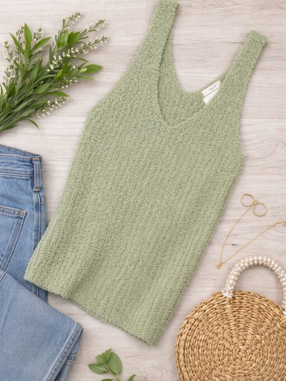 Cottagecore Sage Green Fuzzy Knit Tank Top Blu Pepper Cozy Life Size L NWT
